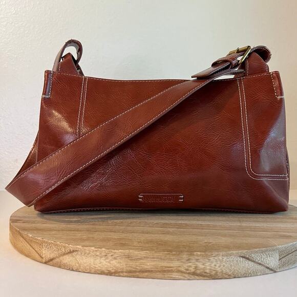 90s Nine & Co. Warm Brown Red Vegan Leather Buckle Medium Shoulder Bag - Picture 1 of 15
